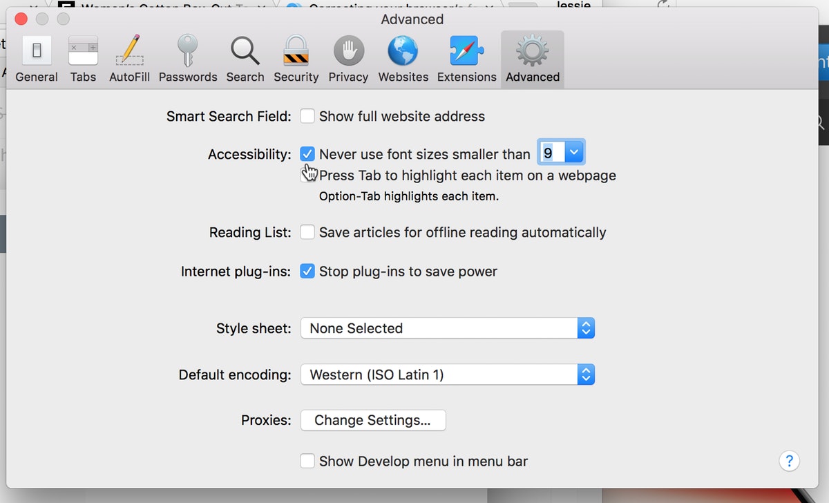 safari font settings